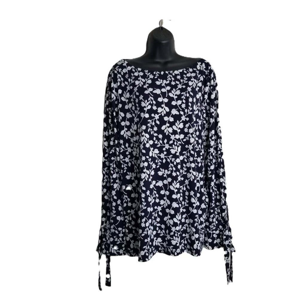 Banana Republic Navy White Floral Boat Neck Blouse Tie Sleeve Size L